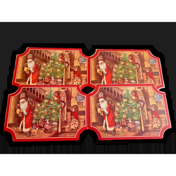 Christmas Placemats Vintage Set Lot 4 Vinyl 1980s Santa Tree Children 2 Sided - Picture 1 of 8